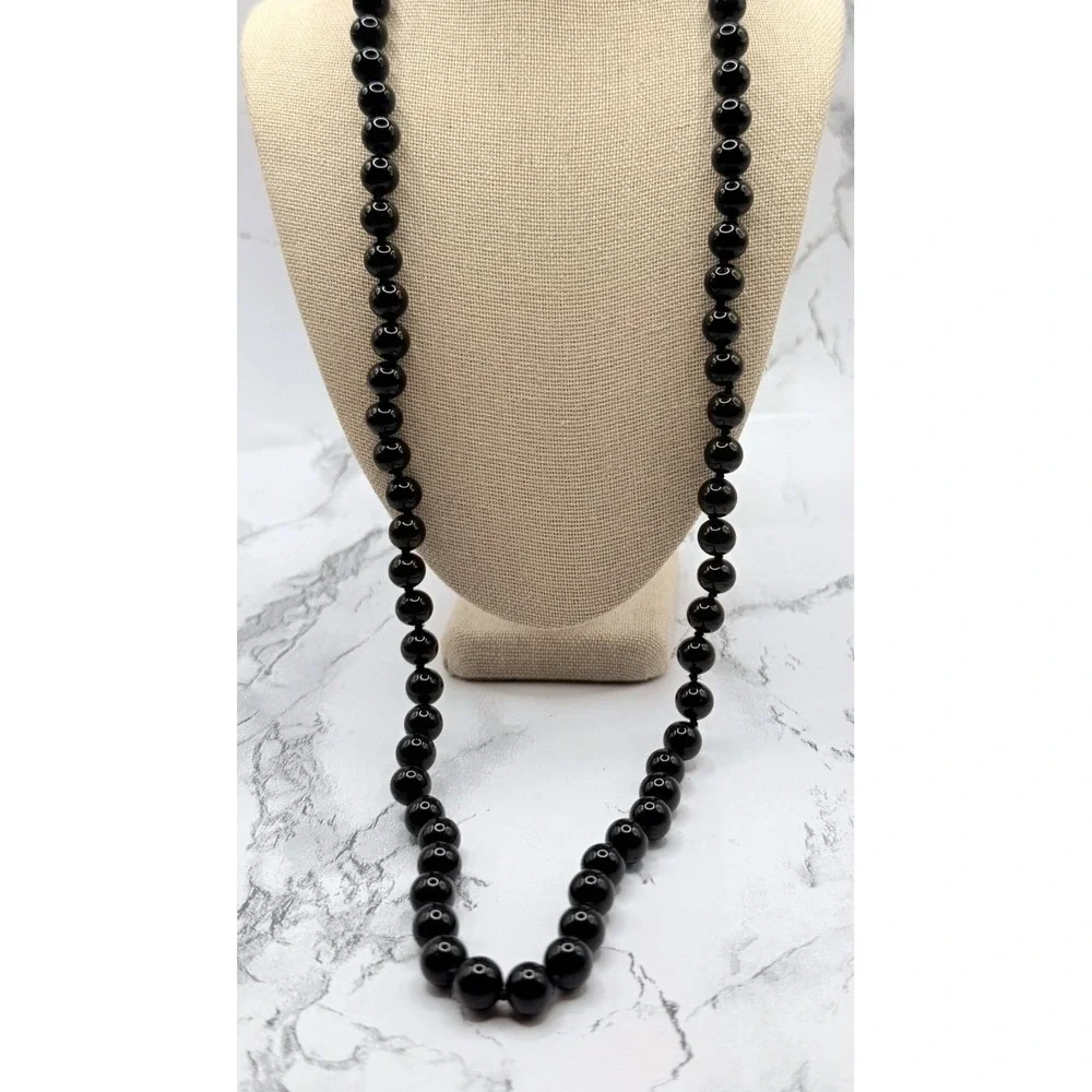Vintage Signed Monet Black Glass Bead Necklace 23 Inch Gold Tone